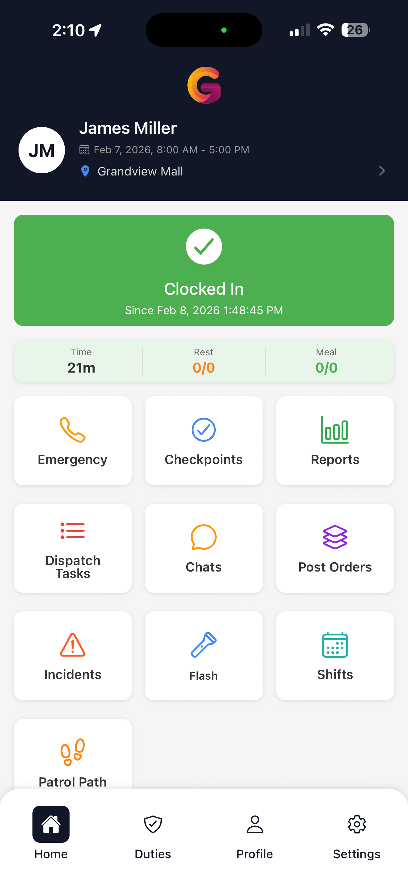 GuardTrac Mobile App - Guard home screen showing clock in, checkpoints, reports, and more