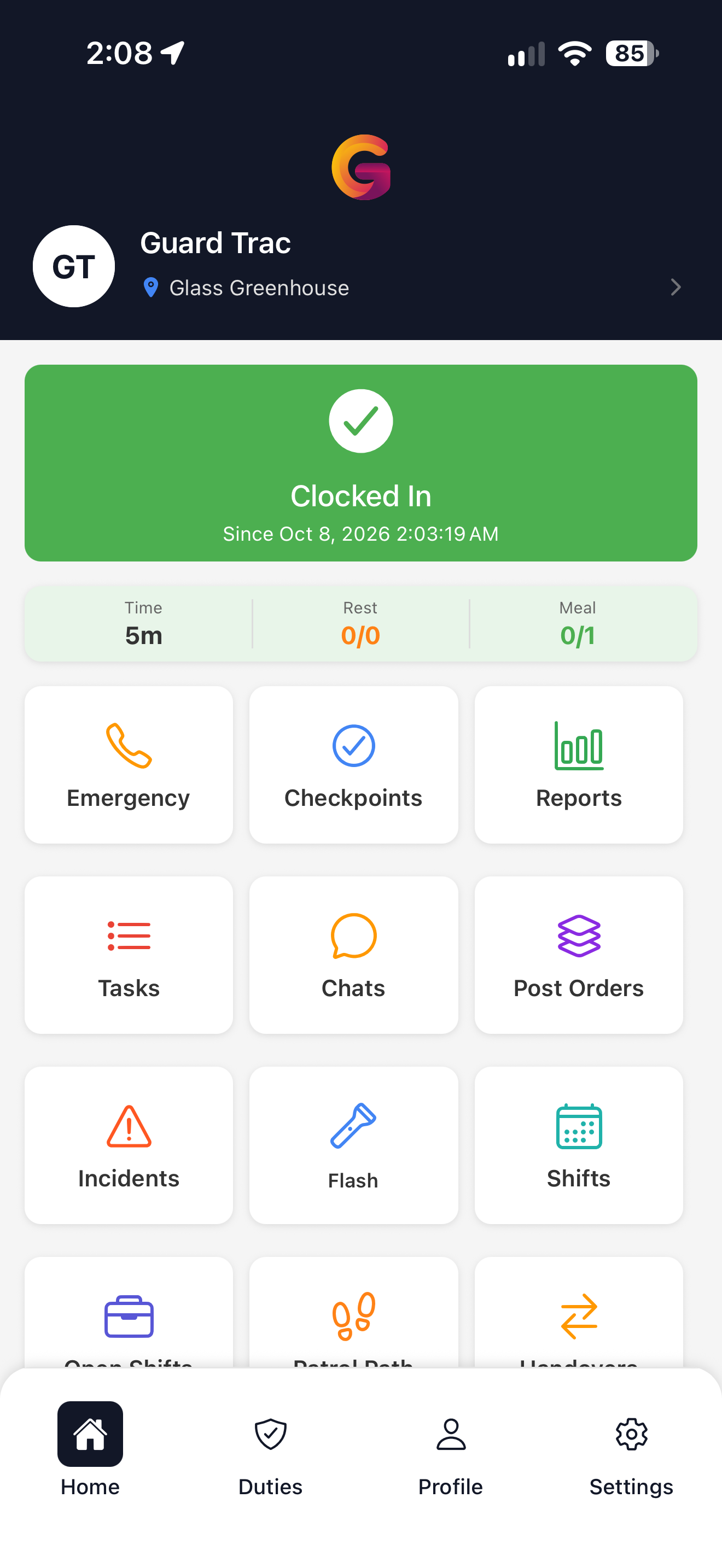 GuardTrac Mobile App - Guard home screen showing clock in, checkpoints, reports, and more