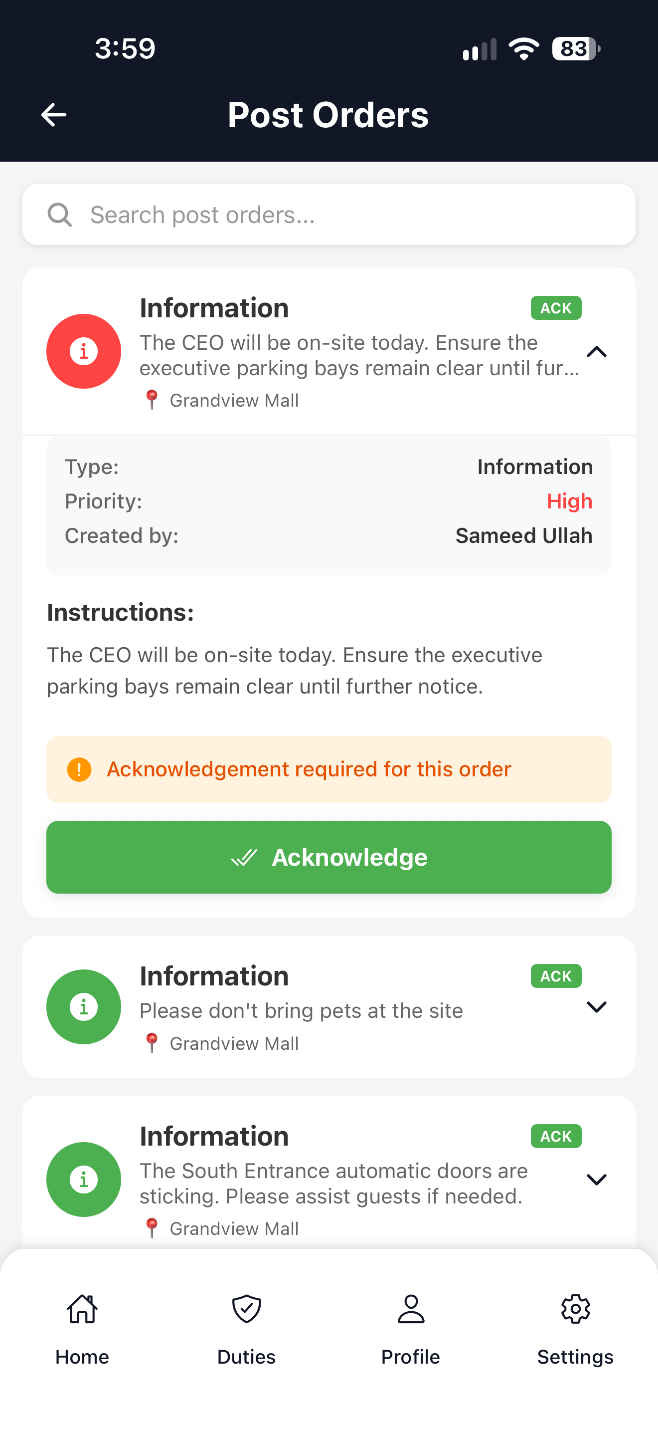 GuardTrac Mobile App - Post Orders screen with site instructions and acknowledgements