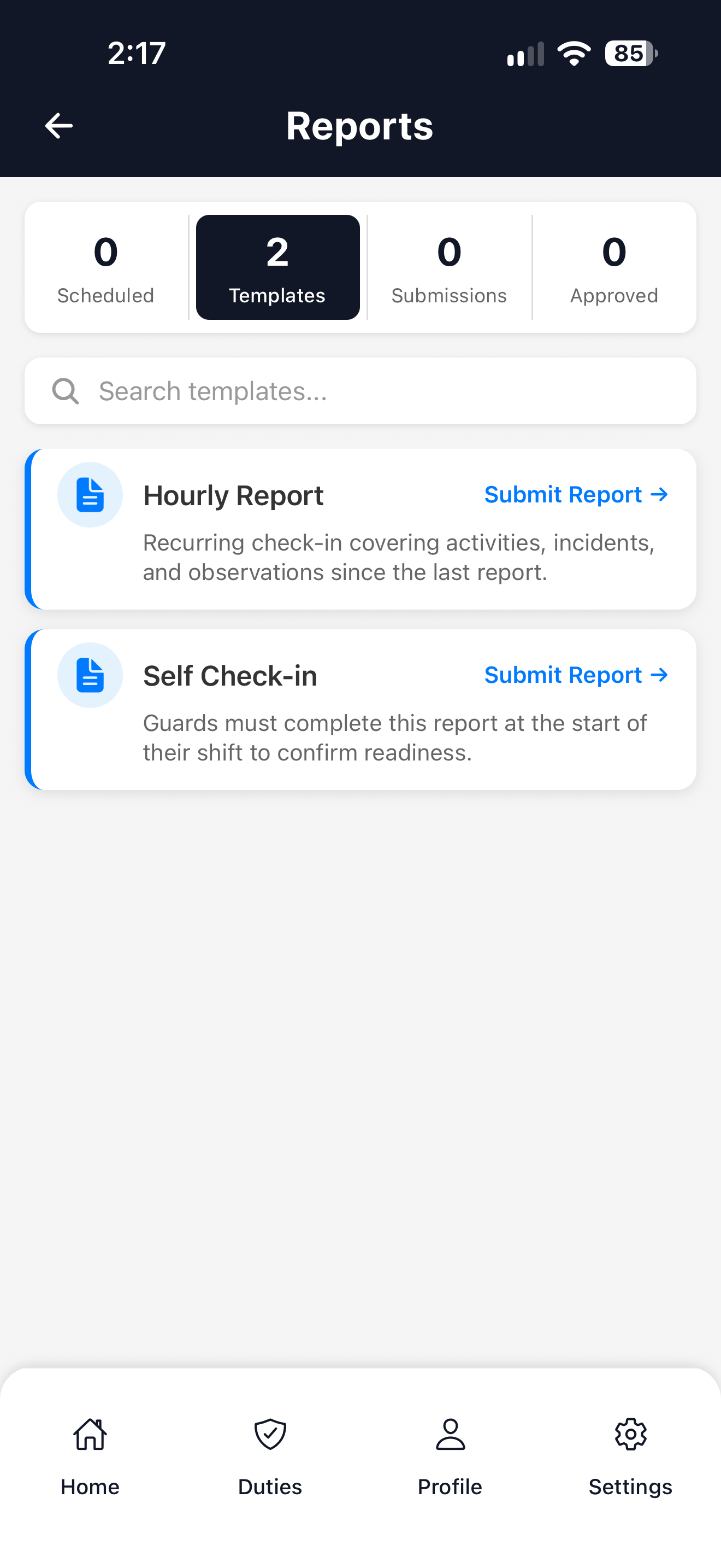 GuardTrac Mobile App - Reports screen with Hourly Report and Self Check-in templates